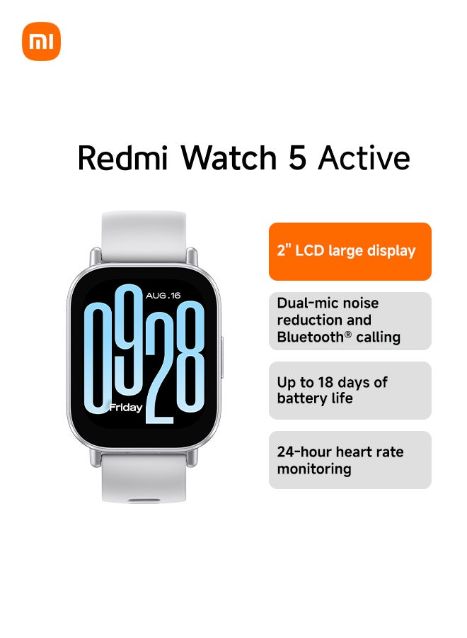 Redmi Watch 5 Active - ساعة ذكية اقتصادية بشاشة LCD مقاس 2 بوصة، وميزة تتبع اللياقة البدنية، وعمر بطارية يصل إلى 18 يوماً Matt Silver