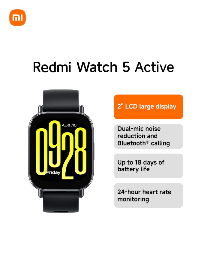 Redmi Watch 5 Active - ساعة ذكية اقتصادية بشاشة LCD مقاس 2 بوصة، وميزة تتبع اللياقة البدنية، وعمر بطارية يصل إلى 18 يوماً Midnight Black